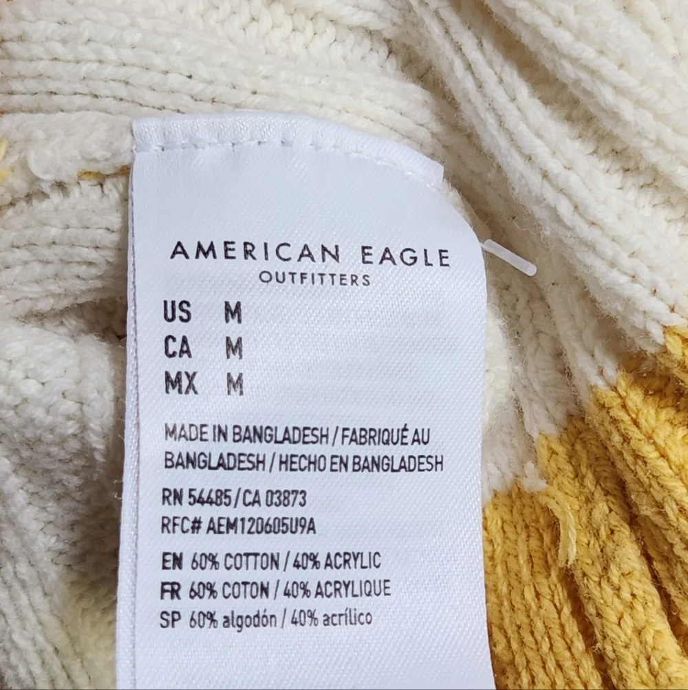 American Eagle Cropped Striped V-Neck Button Cardigan - Yellow & Ivory M